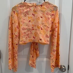 Zara Peach Paisley Tie-Back Long Sleeve Crop Top